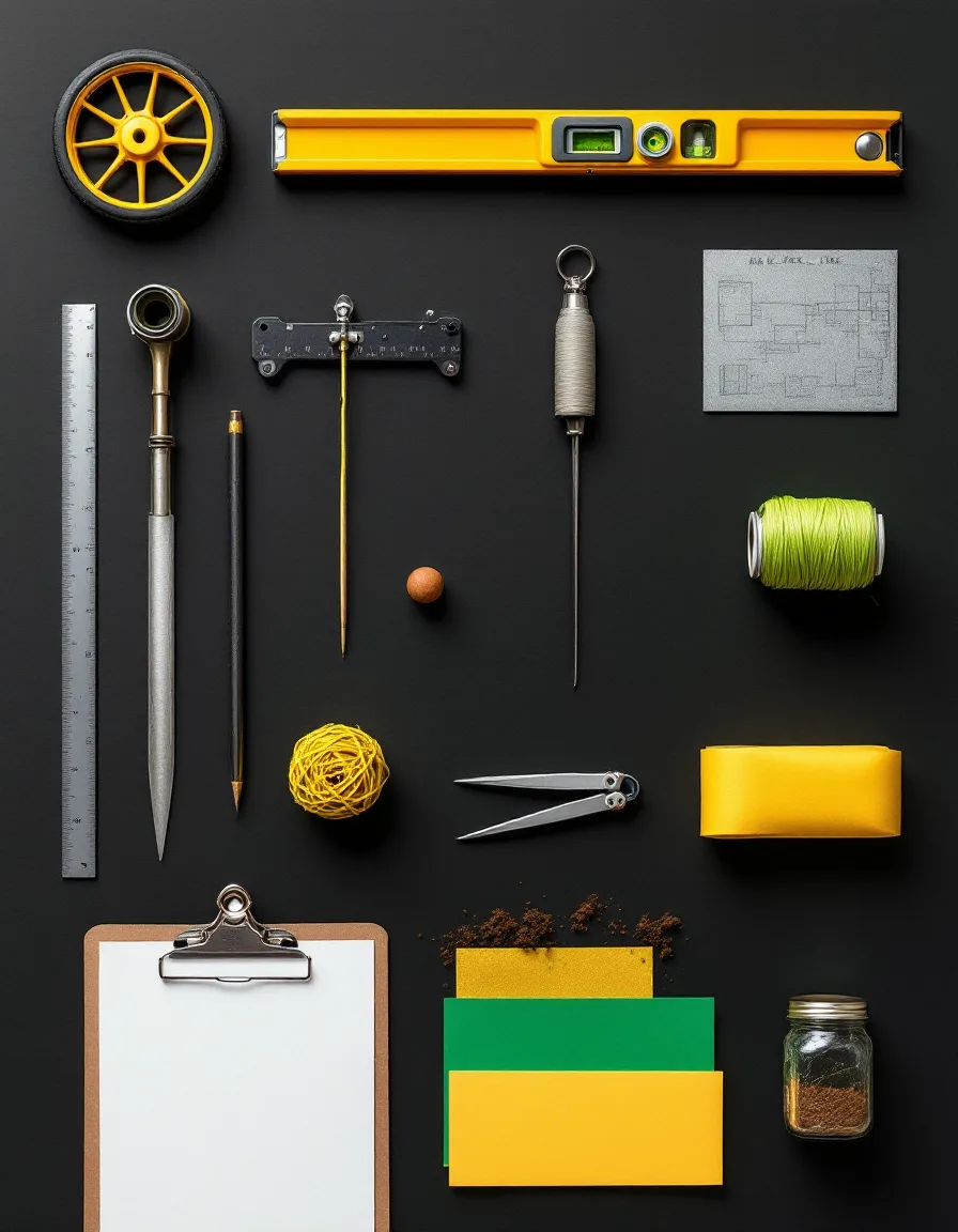 A site-walk kit laid out on black: measuring wheel, soil probe, level, green string line, scale ruler, tracing paper and a soil jar