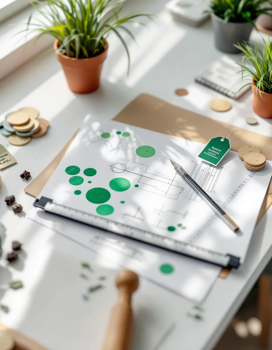 A hand-drawn planting plan on a drafting table, with a soil probe, nursery tags and a pot of ornamental grass