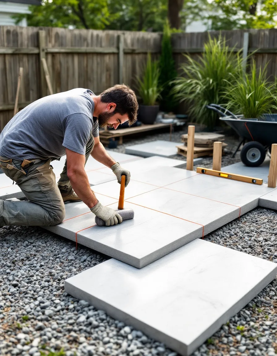 A crew member setting a bluestone slab on a gravel base, with string lines and potted grasses nearby